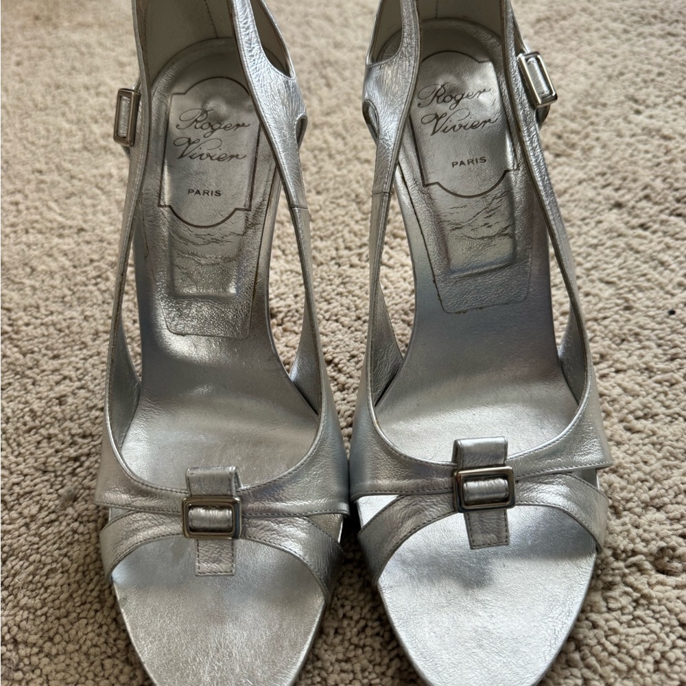 Roger Vivier Silver Leather Slingback Sandals